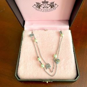 Juicy Couture long silver necklace with pearls/rhinestones 42”